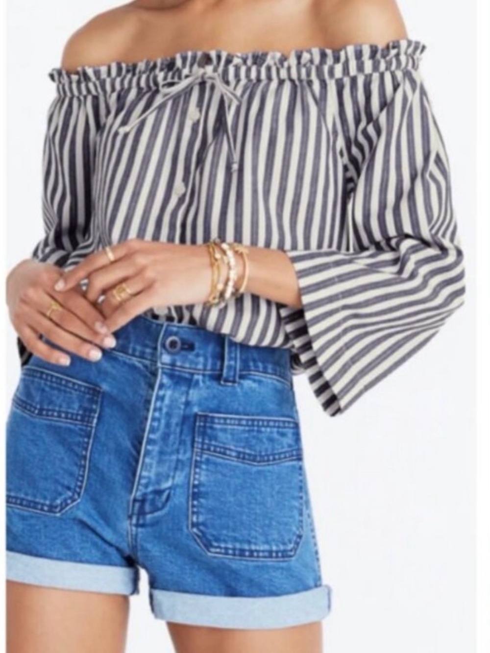 Madewell Off The Shoulder Top Blue White Stripe Button Front 3/4 Sleeve Womens S